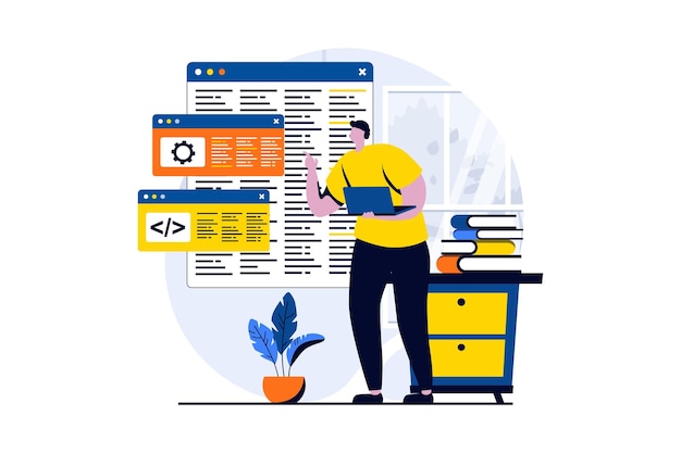 software development concept with people scene in flat cartoon design man developer working with programming language coding at screens engineering programs vector illustration visual story for web