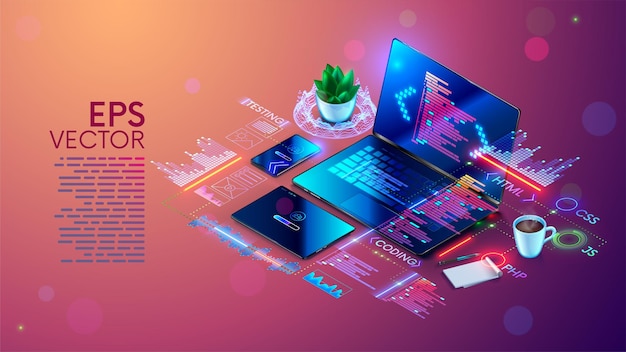 Software development isometric concept Process of programming optimization debugging program or code for laptop phone tablet Creation adaptive application layout Computer technology banner