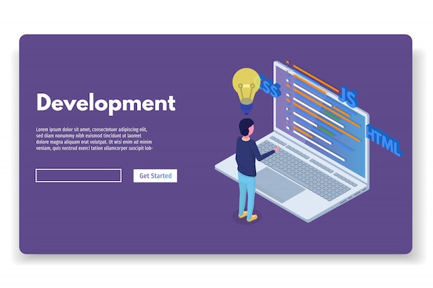 Software Development isometric, Programmer at work. Big data processing. Vector illustration.