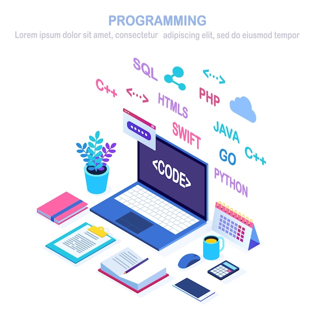 Software development, programming language, coding.  isometric laptop, computer with digital application   