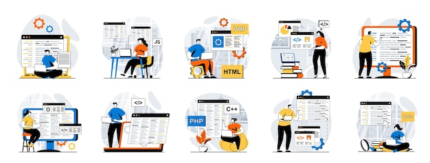 software development web concept with people scenes mega set in flat design bundle of character situations with program and apps creating engineering and optimization products vector illustrations