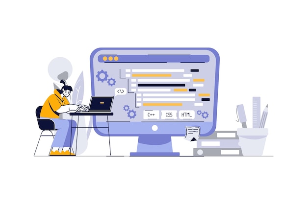Software engineer concept with people scene in the flat cartoon design