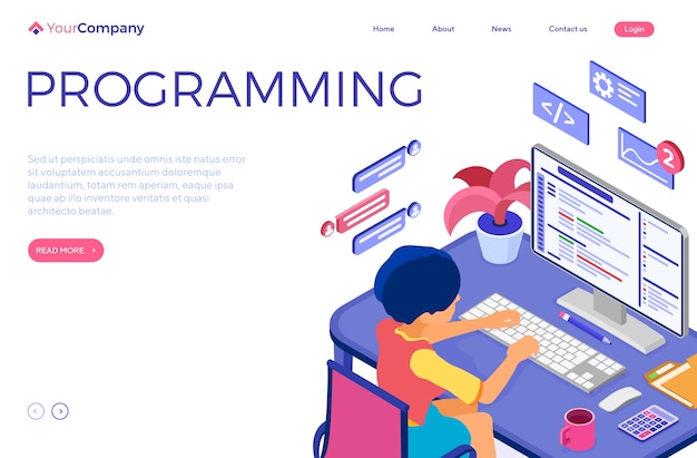 Software engineer developing program. Woman sits at computer table and programs. Developer creating program for online chat website. Landing page with isometric character.   illustration