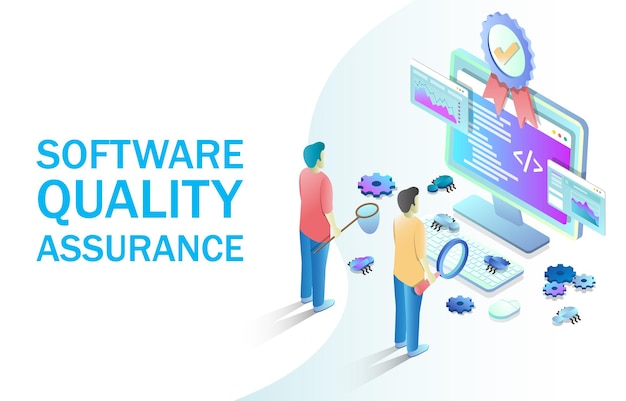 Software quality assurance vector isometric illustration. Software testing, programming and coding concept with people catching bugs on computer monitor for web banner, website page etc.
