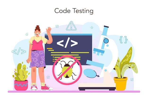 Software tester concept. Application or website code testing. Software development and debugging. IT specialist searching for bugs. Idea of computer technology. Isolated flat vector illustration