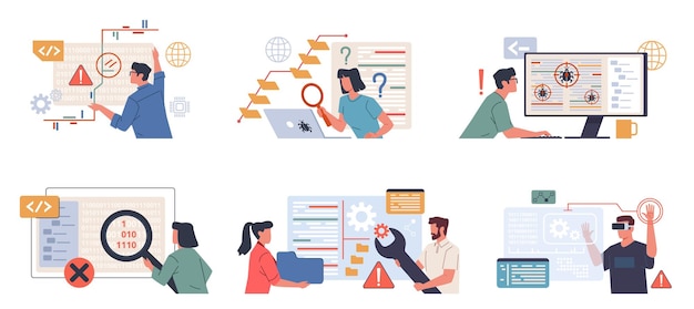 software testers work it company employees looking for bugs and errors in applications and programs web development teamwork pc coding cartoon flat style isolated nowaday vector set