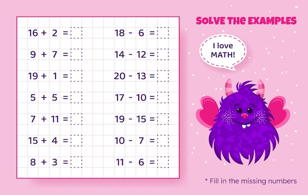 Solve the examples Addition and subtraction up to 20 Mathematical puzzle game Worksheet