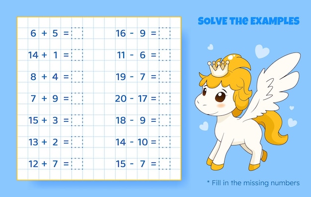 Solve the examples Addition and subtraction up to 20 Mathematical puzzle game Worksheet