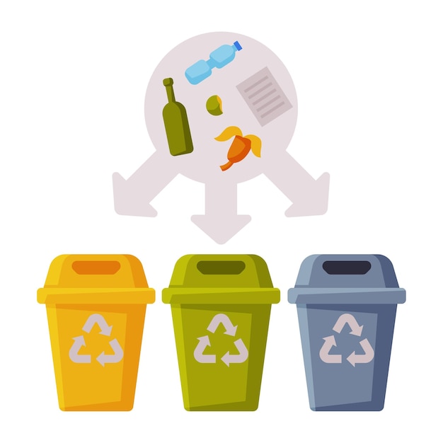Sorting Waste for Recycling Segregation and Separation Garbage Disposal Bins Flat Vector Illustration