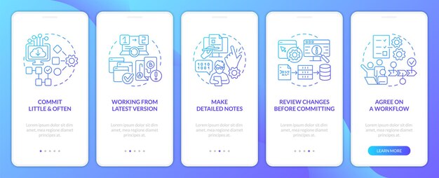 Source code management practices blue gradient onboarding mobile app screen