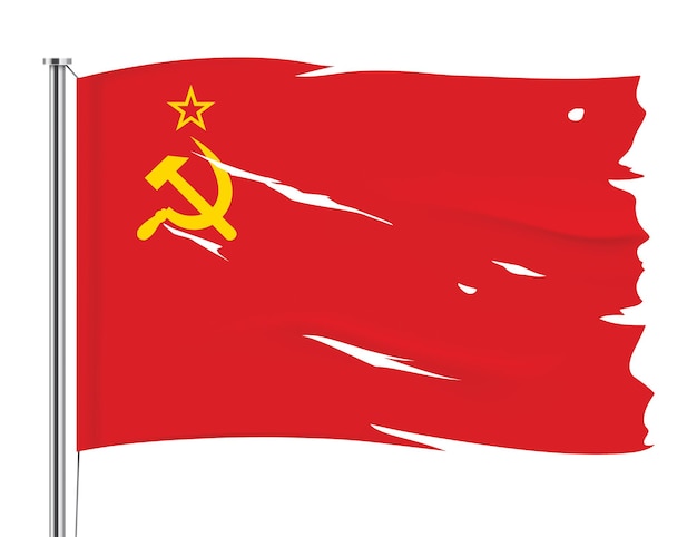 Soviet Union torn flag waving on a metallic pole. USSR vector flag isolated on background.
