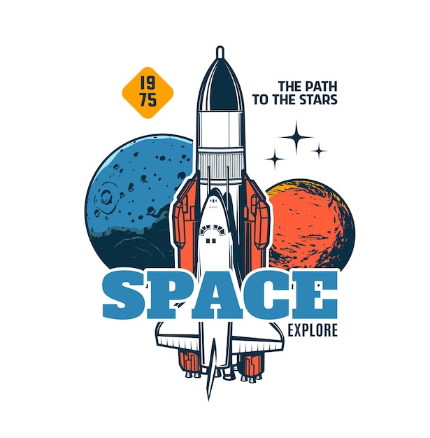 space explore vector icon with spaceship rocket and planets, shuttle spacecraft in galaxy flight. orbital station in space for planets exploration and galactic mission, spaceflight adventure
