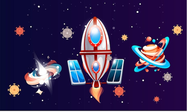Space game elements, rocket and planets in dark blue space
