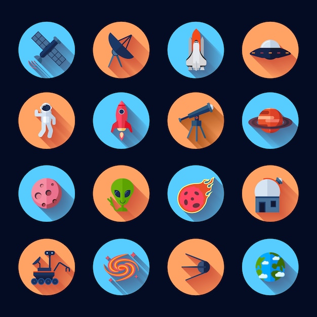 space icons flat set with meteorite rocket spaceship satellite isolated vector illustration
