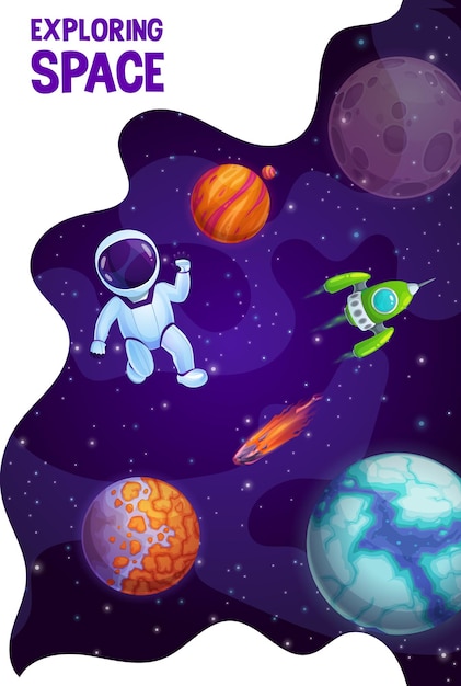 Space planet rocket astronaut cartoon poster