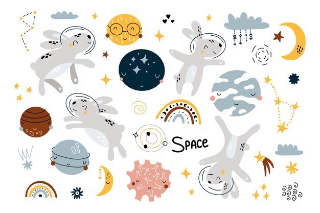 Space set with cute hares and planets Vector baby illustration for nursery and textile decoration