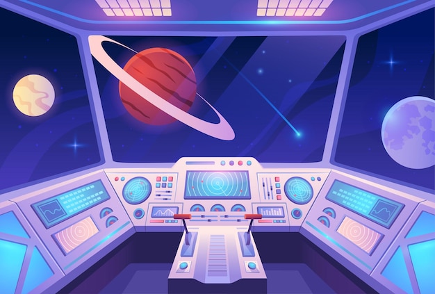 spaceship interior colorful poster with view from cockpit of rocket to planets and stars in outer