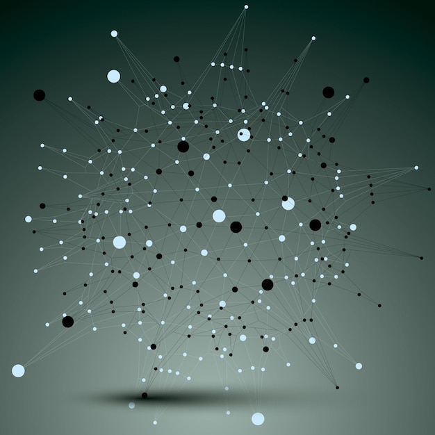 spatial vector monochrome digital object, 3d technology figure with geometric elements and black wireframe.