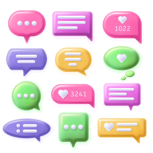 speech 3d bubbles talk message buttons text chat app elements and dialog messages shapes vector icons set
