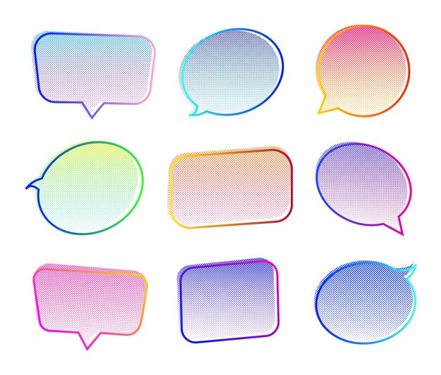 Speech bubble set neon color half tone background