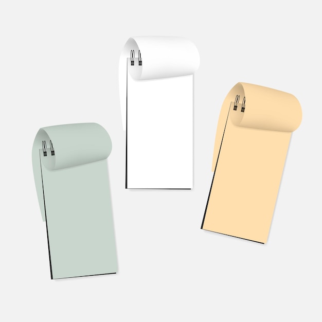 Spiral blank notebook with page curl white and color sheets Open wire bound notepad mockup set