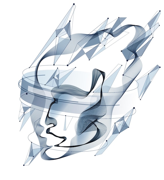 Spirit of digital electronic time, Artificial Intelligence vector illustration of human head made of dotted particles wave lines, particle flow, technological soul of machine.