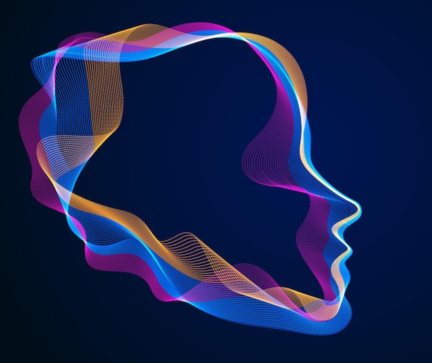 spirit of digital electronic time, artificial intelligence vector illustration of human head made of dotted particles wave lines, particle flow, technological soul of machine.