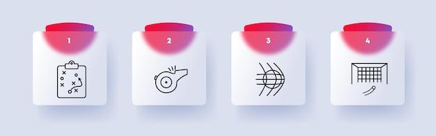 Sports set icon Soccer ball sports equipment and supplies whistle goal net whistle plan strategy goal hit numbering flat style Healthy lifestyle concept Glassmorphism style