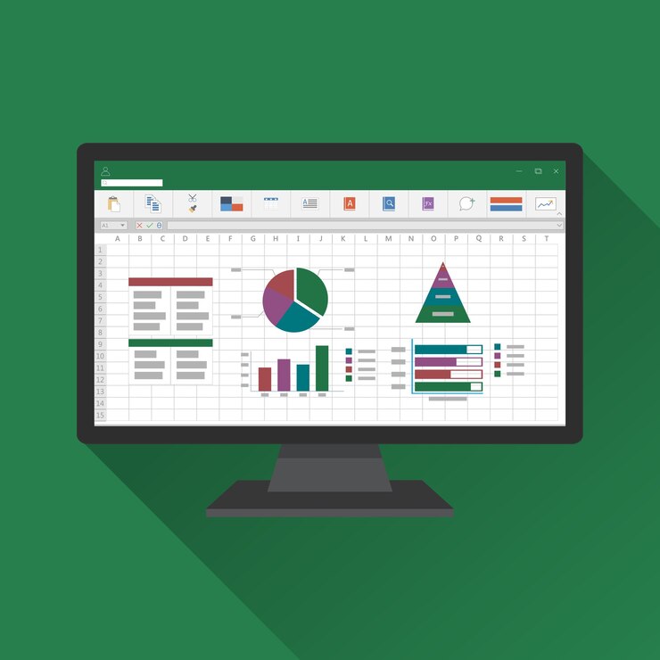 Vector spreadsheet on computer screen flat icon. financial accounting report concept.