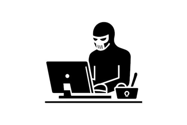 Spy agent searching on a laptop hacker silhouette