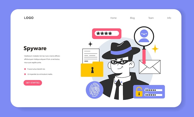 Spyware or adware web banner or landing page Dangerous malware monitoring traffic and stealing data from the device Malicious spy software recording information Flat vector illustration