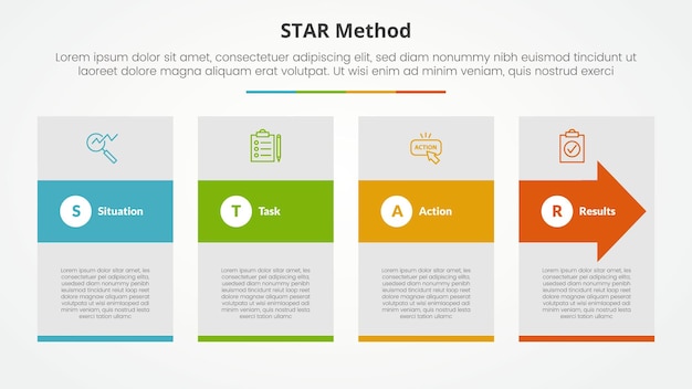 STAR method infographic concept for slide presentation with big box and arrow shape through with 4 point list with flat style