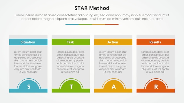 star method infographic concept for slide presentation with box table and half circle badge at bottom with 4 point list with flat style