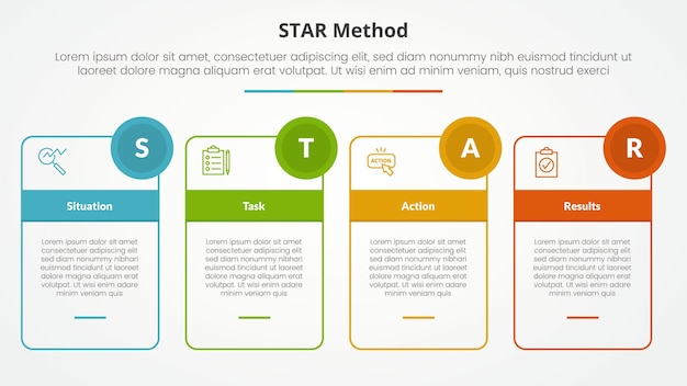 STAR method infographic concept for slide presentation with outline box table and circle badge with 4 point list with flat style
