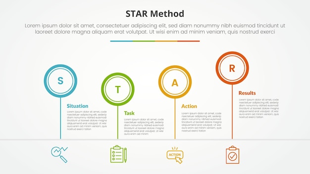 STAR method infographic concept for slide presentation with outline circle timeline up and down with 4 point list with flat style