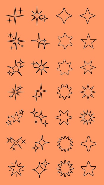 Star sparkle outline doodle set vector Hand drawn star glitter sparks outline Sparkle and starburst icons Glittering spark star outline shapes Shiny line firework star outline icon Sparkle star
