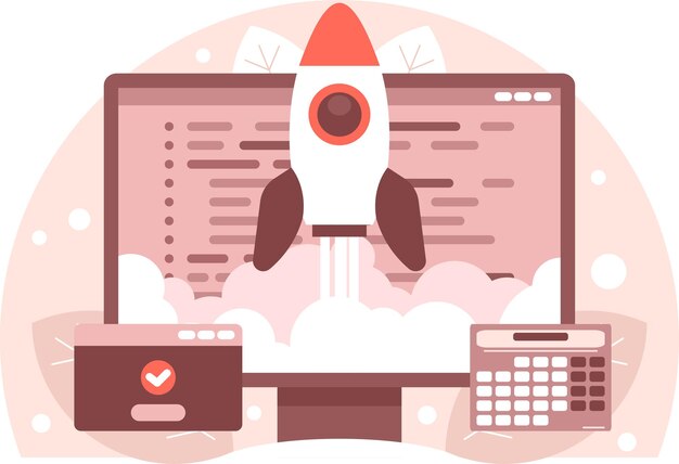 startup concept rocket launch from computer display vector graphics