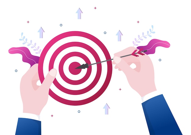 startup target of business development process, innovation product, launch, shoot arrows and goal achievement in flat vector illustration