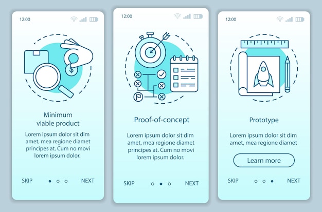 Startup testing onboarding mobile app page screen with linear concepts. Product test. MVP, POC, prototype walkthrough steps graphic instructions. UX, UI, GUI vector template with illustrations