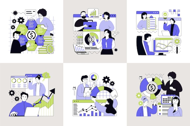 Statistics and analytics concept set for web design Collection with people making research for financial reporting working with graphs diagrams and charts monitoring data Vector illustration