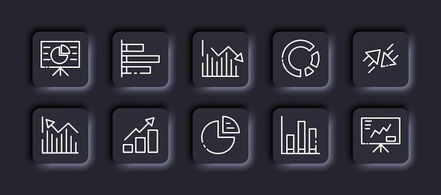 Statistics set icon Infographic chart graph pie bar arrows visual aid presentation growth decline flipchart strategy targeting diagram Business concept Neomorphism Vector line icon