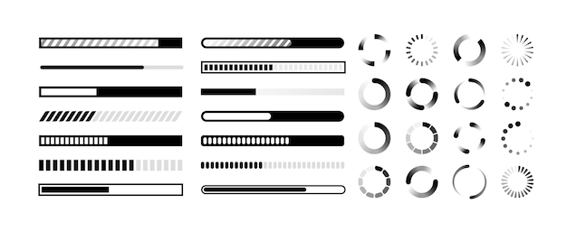 status bar circle and line indicators for upload black reboot and loading charts infographics of download processes collection of buffering and data transfer graphs vector set