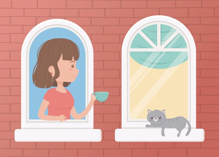 Vector stay at home, woman with coffee cup and cat in the window