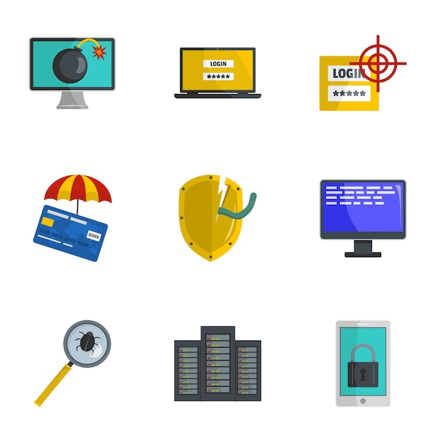 Steal information icons set, cartoon style