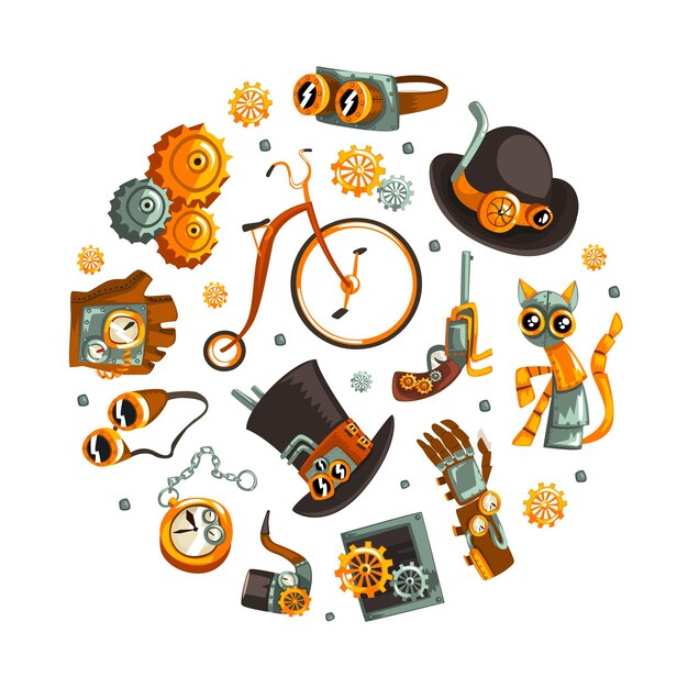 Steampunk Retrofuturistic Technology with Industrial Steampowered Mechanism Round Vector Composition