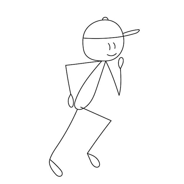 Stick figure man in cap runs, isolated, vector