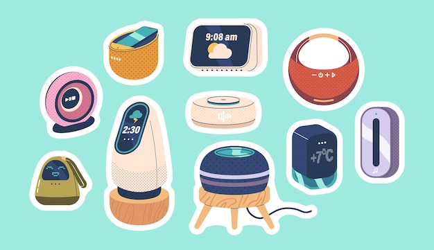 stickers set with smart speakers each with unique designs and features vector patches collection