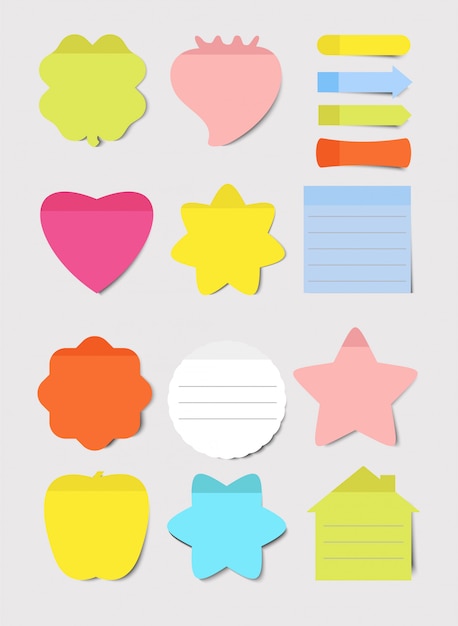 sticky notes. illustrations set. notepad blank paper sheet for planning and scheduling. round, heart, square shapes color empty reminders. memo notes collection.