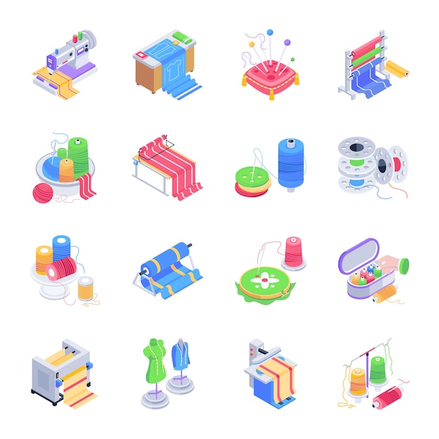 stitching and textile equipment isometric icons
