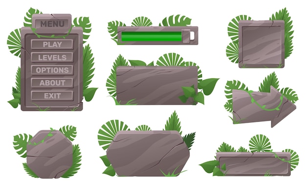 Stone buttons with plants GUI rocky texture plaques Arrows and panels covered with green vines Jungle location Boards with fissures Palm leaves Ancient UI elements vector set
